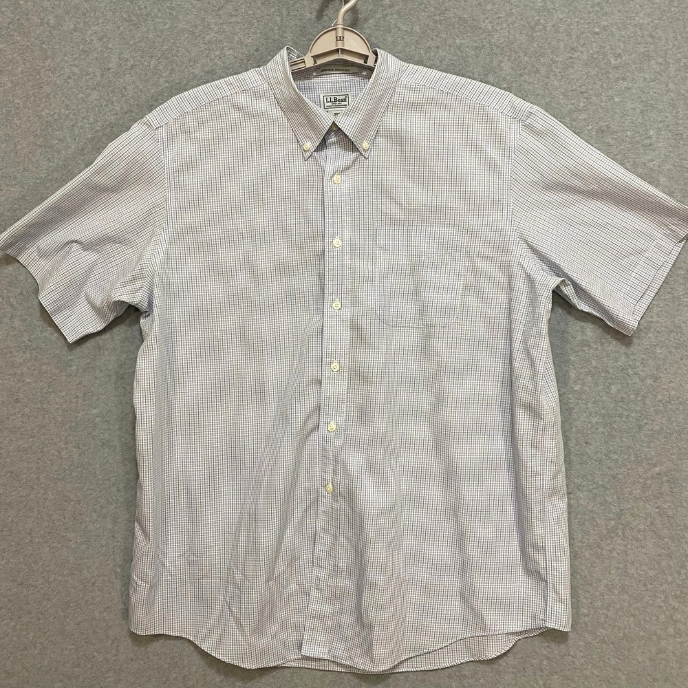 LL BEAN Men's XL Short Sleeve Button Down‎ Shirt Blue Check Wrinkle Resistant